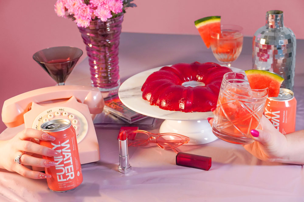 Table setting with pink Jello and other red items